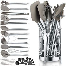 Silver 38 Pieces Silicone Kitchen Utensils Set With Sturdy Stainless Steel Utensil Holder