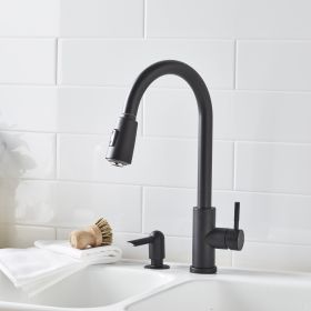 Pull Down Kitchen Sink Faucet with Soap Dispenser; Matte Black