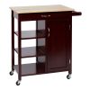 35 Inch Handcrafted Rubberwood Kitchen Island Bar Cart; 3 Shelves; 1 Cabinet; Caster Wheels; Espresso Brown