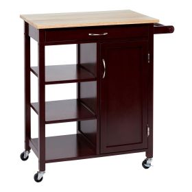 35 Inch Handcrafted Rubberwood Kitchen Island Bar Cart; 3 Shelves; 1 Cabinet; Caster Wheels; Espresso Brown