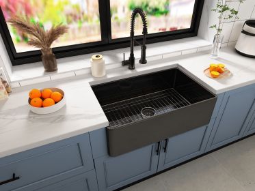 Matt Black Fireclay Farmhouse Kitchen Sink 33 inch Single Bowl Apron Sink with Bottom Grid in & Drain ; Black Color