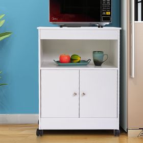 Wood Kitchen Microwave Cabinet Cart with 4 Universal Wheels and Roomy Inner Space for Home Use; White