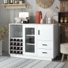 TREXM Kitchen Functional Sideboard with Glass Sliding Door and Integrated 16 Bar Wine Compartment; Wineglass Holders (White)