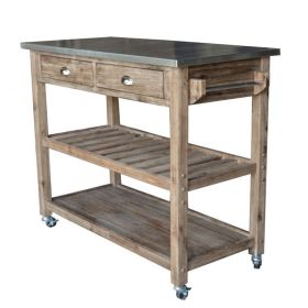 2 Drawers Wooden Frame Kitchen Cart with Metal Top and Casters; Brown and Gray; DunaWest