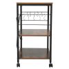 Wood Kitchen Cart with 3-Tier Storage Space; Movable Microwave Stand with 10 Hooks - Brown and Frosted Black