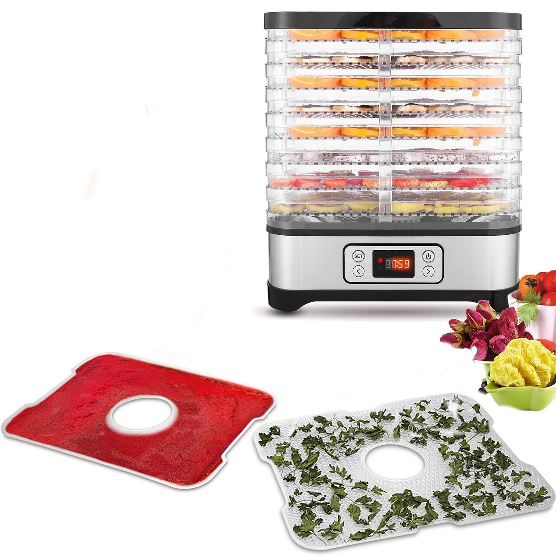 Qhomic Electric 400W 8 Trays Food Dehydrator Machine with Fruit Roll Sheet,  Digital Timer, and Temperature Control for Meat or Beef Fruit Vegetable  Dryer 