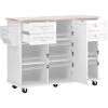 kitchen island cart with Spice Rack; Towel Rack & Drawer; Rubber wood desktop; 5 wheels including 4 lockable wheels; 52.8inch width (White)