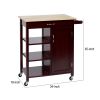 35 Inch Handcrafted Rubberwood Kitchen Island Bar Cart; 3 Shelves; 1 Cabinet; Caster Wheels; Espresso Brown