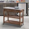 2 Drawers Wooden Frame Kitchen Cart with Metal Top and Casters; Brown and Gray