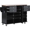 K&K kitchen island cart with Spice Rack; Towel Rack & Drawer; Rubber wood desktop; 5 wheels including 4 lockable wheels; 52.8inch width (Black)