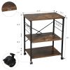 Wood Kitchen Cart with 3-Tier Storage Space; Movable Microwave Stand with 10 Hooks - Brown and Frosted Black