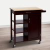 35 Inch Handcrafted Rubberwood Kitchen Island Bar Cart; 3 Shelves; 1 Cabinet; Caster Wheels; Espresso Brown