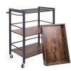 Tray Top Wooden Kitchen Cart with 2 Shelves and Casters; Brown and Black