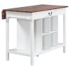 TOPMAX Farmhouse Stationary Wood Dining Table Drop Leaf Kitchen Island with Storage Shelves; Dark Walnut+White