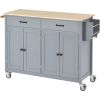 Kitchen Island Cart with Solid Wood Top and Locking Wheels; 54.3 Inch Width; 4 Door Cabinet and Two Drawers; Spice Rack; Towel Rack (Grey Blue)