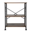 Wood Kitchen Cart with 3-Tier Storage Space; Movable Microwave Stand with 10 Hooks - Brown and Frosted Black