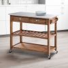 2 Drawers Wooden Frame Kitchen Cart with Metal Top and Casters; Brown and Gray