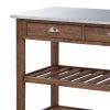 2 Drawers Wooden Frame Kitchen Cart with Metal Top and Casters; Brown and Gray