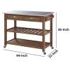 2 Drawers Wooden Frame Kitchen Cart with Metal Top and Casters; Brown and Gray