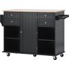 K&K kitchen island cart with Spice Rack; Towel Rack & Drawer; Rubber wood desktop; 5 wheels including 4 lockable wheels; 52.8inch width (Black)