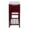 38 Inch Handcrafted Rubberwood Kitchen Island Bar Cart; Knife Holder; Folding Frame; 2 Slatted Shelves; Cocoa Red