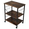 Wood Kitchen Cart with 3-Tier Storage Space; Movable Microwave Stand with 10 Hooks - Brown and Frosted Black