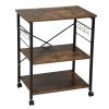 Wood Kitchen Cart with 3-Tier Storage Space; Movable Microwave Stand with 10 Hooks - Brown and Frosted Black