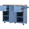 K&K kitchen island cart with Spice Rack; Towel Rack & Drawer; Rubber wood desktop; 5 wheels including 4 lockable wheels; 52.8inch width (Blue)