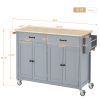 Kitchen Island Cart with Solid Wood Top and Locking Wheels; 54.3 Inch Width; 4 Door Cabinet and Two Drawers; Spice Rack; Towel Rack (Grey Blue)