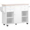 kitchen island cart with Spice Rack; Towel Rack & Drawer; Rubber wood desktop; 5 wheels including 4 lockable wheels; 52.8inch width (White)