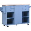 K&K kitchen island cart with Spice Rack; Towel Rack & Drawer; Rubber wood desktop; 5 wheels including 4 lockable wheels; 52.8inch width (Blue)