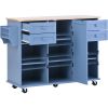 K&K kitchen island cart with Spice Rack; Towel Rack & Drawer; Rubber wood desktop; 5 wheels including 4 lockable wheels; 52.8inch width (Blue)