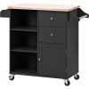 K&K Store Kitchen Cart on 4 Wheels with 2 Drawers and 3 Open Shelves; Kitchen Island with Rubber Wood top for Dinning Room; Black