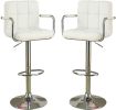 White Faux Leather Bar Stool Counter Height Chairs Set of 2 Adjustable Height Kitchen Island Stools Armrest Chairs