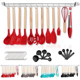 Silicone Kitchen Utensils Set 38 Pieces; Non-Stick Cooking Utensils Set with Muti-Use Hooks and Utensil Racks (Color: Red, Material: wood, plastic)