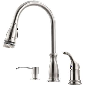 3 Hole Kitchen Faucet with Pull Down Magnetic Docking Brushed Nickel (Color: Brushed NickelNickel, Material: Stainless steel)