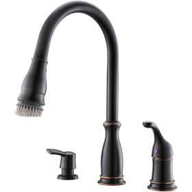 3 Hole Kitchen Faucet with Pull Down Magnetic Docking Brushed Nickel (Color: Oil-Rubbed Bronze, Material: Stainless steel)