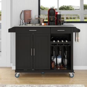 K&K Kitchen Cart with Stainless Steel Top and Storage Cabinet; Kitchen Island on Wheels with Two Drawers & Goblet Holder & Wine Rack & Spice Rack & To (Color: as Pic)