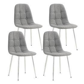 Dining Chairs Set of 4;  Modern Mid-Century Style Dining Kitchen Room Upholstered Side Chairs;  Tufted Linen Fabric with Inset Buttons;  Chrome Metal (Color: Light Gray)